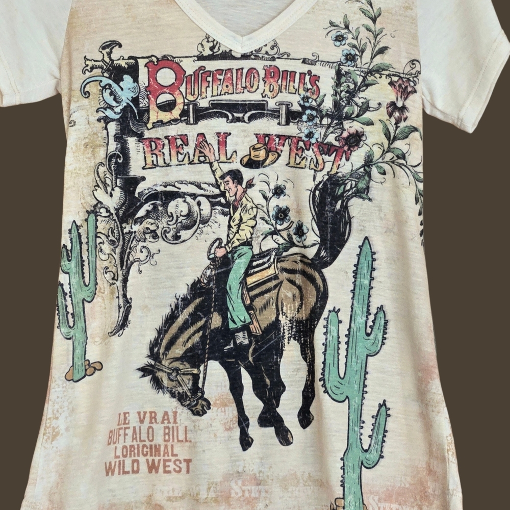 Vtg Buffalo Bill's Real West T-shirt V-neck Graphic Western Print Horse Sz S/USA - Picture 2 of 7